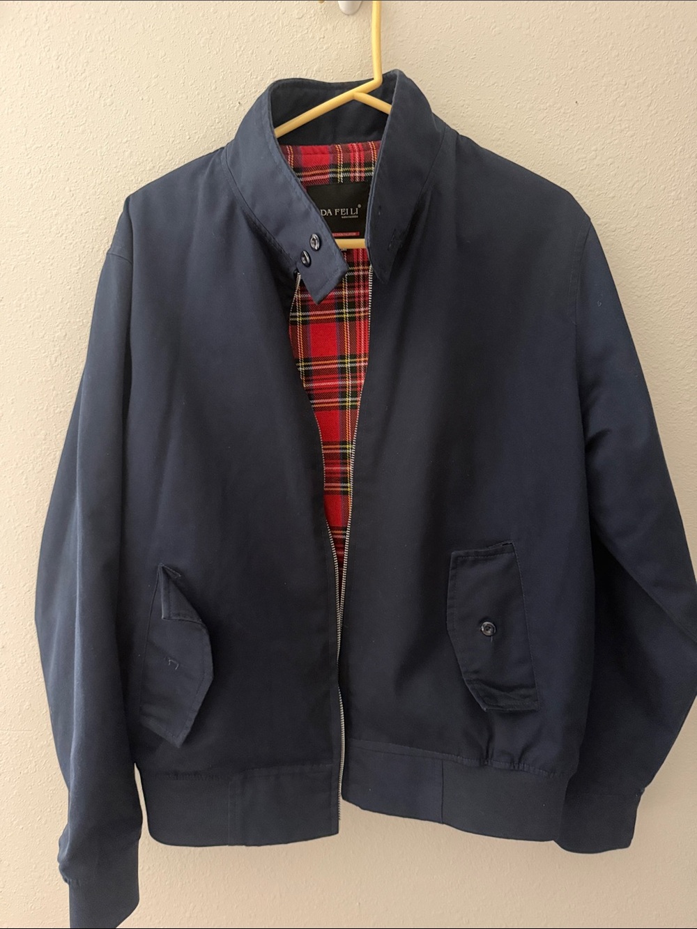 Classic Navy Harrington Jacket with Red Tartan Lining